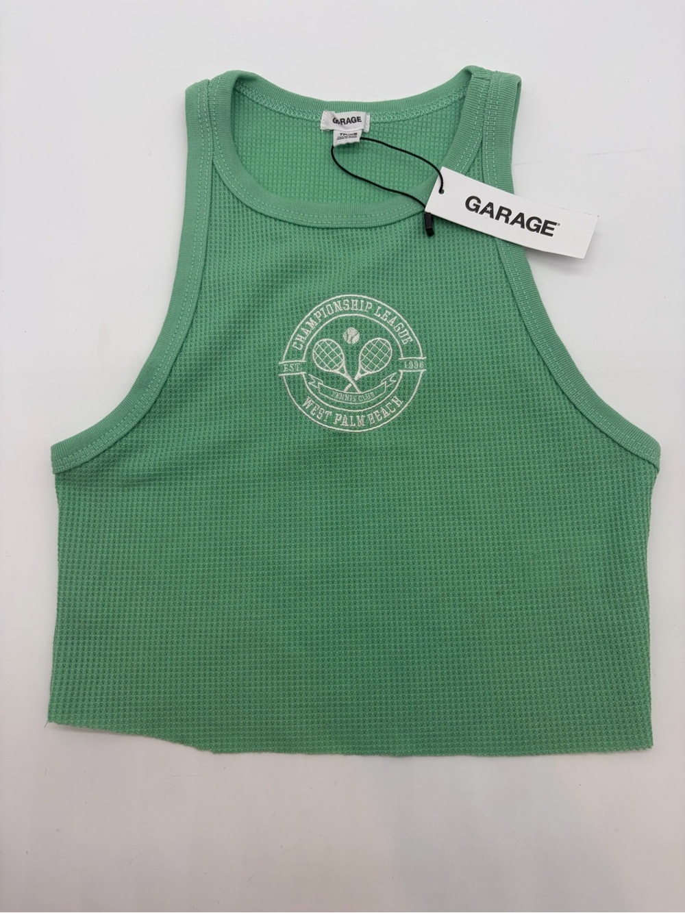Garage Green Waffle-Knit Cropped Tank with Tennis Graphic
